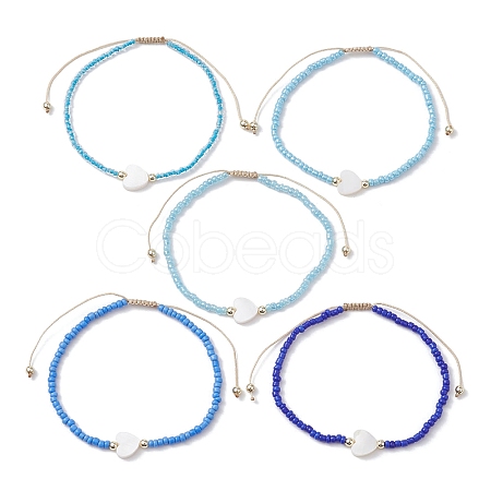 5Pcs 5 Colors Natural Shell Heart & Seed Braided Bead Bracelets Set BJEW-JB10039-01-1