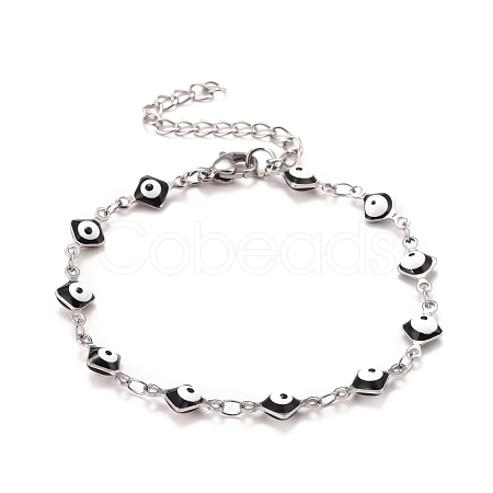 Enamel Rhombus with Evil Eye Link Chains Bracelet BJEW-P271-03P-04-1