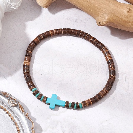 Cross Natural Coconut & Synthetic Turquoise Beads Stretch Bracelets for Men BJEW-JB11389-01-1