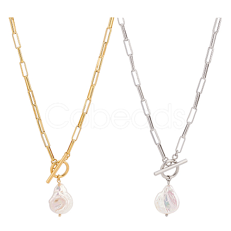 2Pcs 2 Colors Natural Pearl Beaded Pendant Neckaces Set NJEW-AN0001-16-1