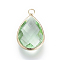 Glass Pendants, with Brass Findings, Faceted, Drop, Light Gold, Medium Sea Green, 18x10.5x4.5mm, Hole: 1.8~2.3mm