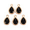 Glass Pendants, with Brass Findings, Faceted, Teardrop, Light Gold, Black, 15x9x4.5mm, Hole: 1.8~2mm