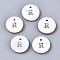 Natural Freshwater Shell Pendants, with Platinum Plated Iron Etched Metal Embellishments, Flat Round with Initial Letter, White, Letter.R, 11x2mm, Hole: 1.5mm