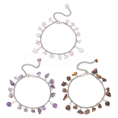 3Pcs 304 Stainless Steel Natural Mixed Gemstone Chips Charm Bracelets BJEW-JB12376-1