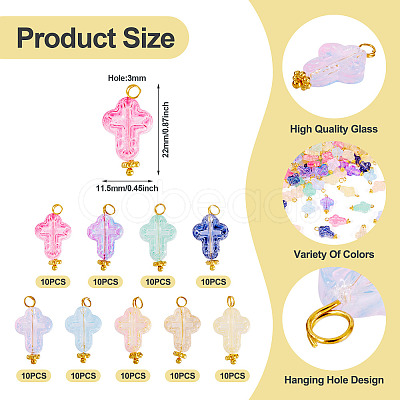 90Pcs 9 Colors Cross Transparent Spray Paint Glass Pendants PALLOY-TAC0169-1