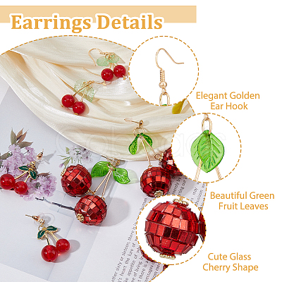 4 Pairs 4 Styles Foam & Glass & Acrylic Cherry Dangle Stud Earrings with Brass Pins EJEW-FI0002-88-1