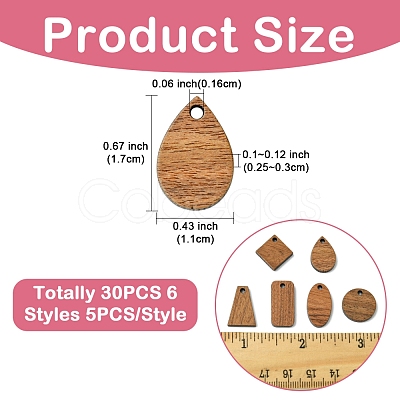 30Pcs 6 Styles Walnut Wood Pendants WOOD-YW0001-59-1