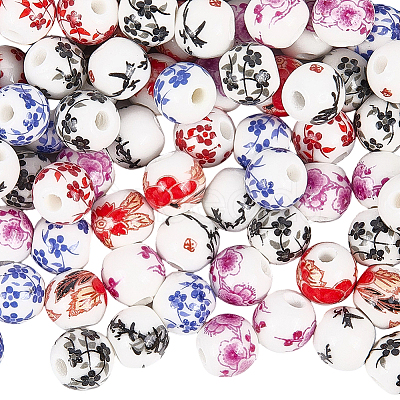 Handmade Flower Printed Porcelain Ceramic Beads PORC-LT0001-12C-1