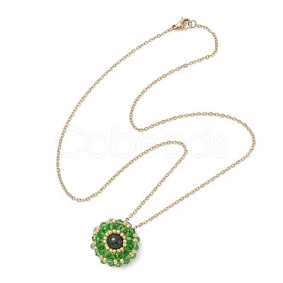Dyed Natural Green Tiger Eye & Glass Seed Beaded Flat Round Pendant 304 Stainless Steel Cable Chain Necklaces NJEW-MZ00129-05-1