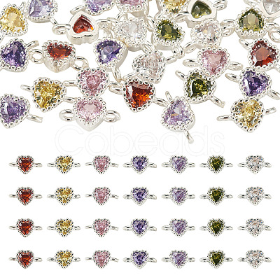 28Pcs 7 Colors Brass Pave Cubic Zirconia Heart Links Connector Charms KK-TA0003-47-1