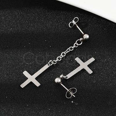Christian Upside Down Cross 201 Stainless Steel Dangle Stud Earrings EJEW-P314-01C-P-1