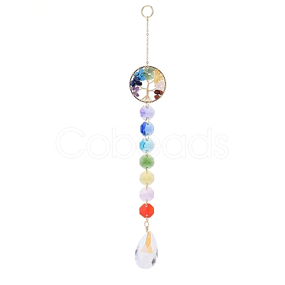 Natural & Synthetic Mixed Gemstone Tree with Glass Window Hanging Suncatchers HJEW-JM00853-04-1