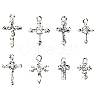 8Pcs 8 Styles Brass Micro Pave Clear Cubic Zirconia Charms KK-CJ0004-22-1
