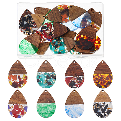 16Pcs 8 Colors Transparent Resin & Walnut Wood Big Pendants RESI-HS0001-01B-1