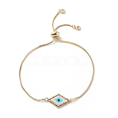 Japanese Seed Braided Rhombus with Evil Eye Link Slider Bracelet BJEW-MZ00001-01-1