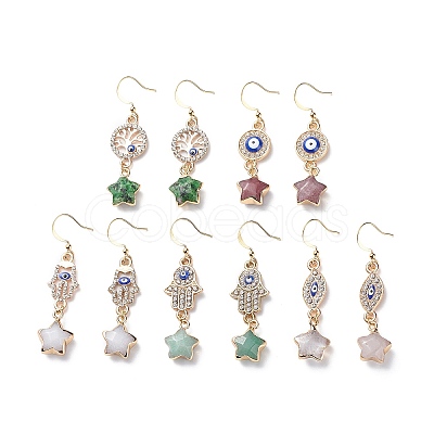 Natural Gemstone Star with Evil Eye Dangle Earrings EJEW-JE05069-1