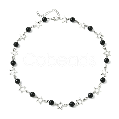 Star Alloy & Round Natural Eyeless Obsidian Link Chain Necklaces for Women NJEW-JN05135-1