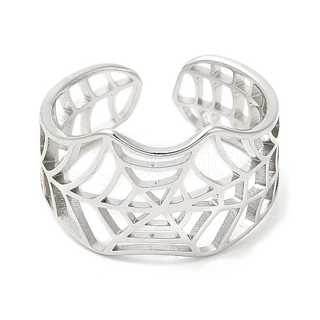 Non-Tarnish 304 Stainless Steel Hollow Spider Web Open Cuff Ring for Women RJEW-M149-25P-1