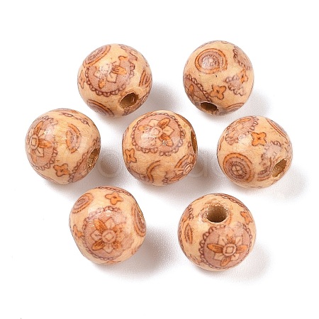 Round Printed Natural Maple Wood Beads WOOD-R243-16mm-B08-1