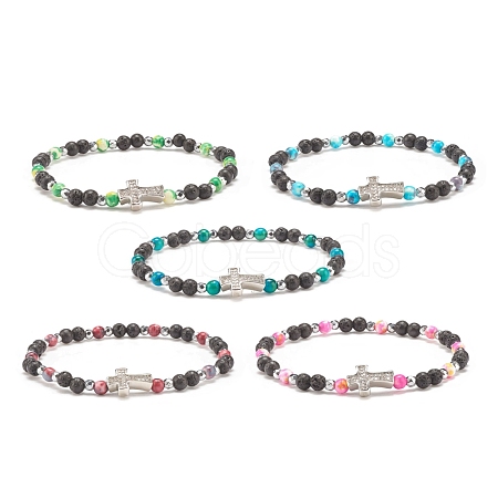 Natural & Synthetic Mixed Gemstone Beaded Stretch Bracelet with Clear Cubic Zirconia Cross for Women BJEW-JB08247-1