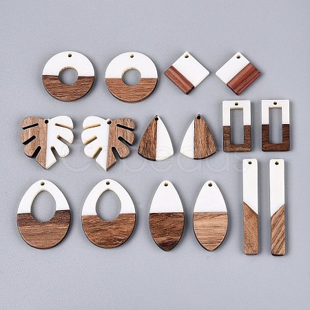 16Pcs 8 Styles Opaque Resin & Walnut Wood Pendants RESI-N053-25-1