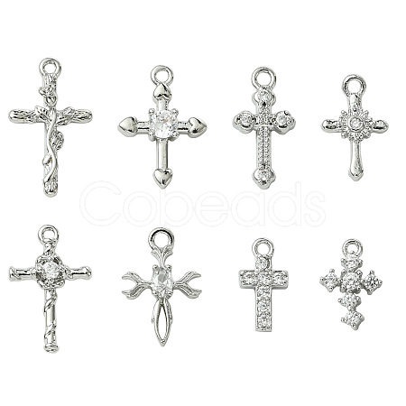 8Pcs 8 Styles Brass Micro Pave Clear Cubic Zirconia Charms KK-CJ0004-22-1