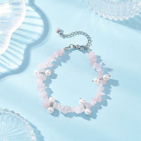 Natural Rose Quartz Chip & Glass Shell Round Beaded Bracelets BJEW-JB12303-03-1