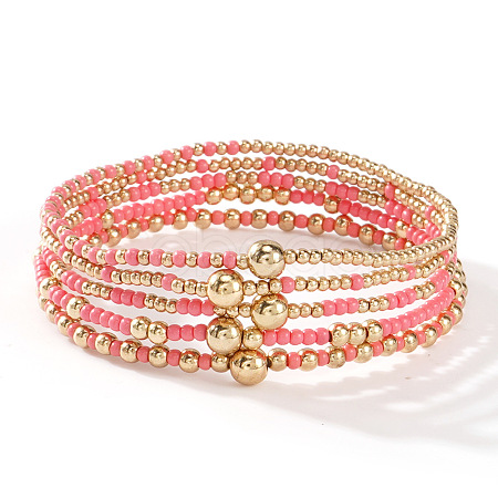 5Pcs Zinc Alloy & Glass Seed Round Beads Stretch Bracelet Set for Women AJ2042-5-1