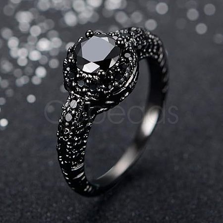 Flat Round Brass Jet Rhinestone Finger Rings FS-WG232E0-05-1