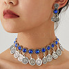 Alloy Rhinestone Flat Round Coin Tassel Necklaces & Stud Dangle Earrings Sets FS-WG925BB-02-1
