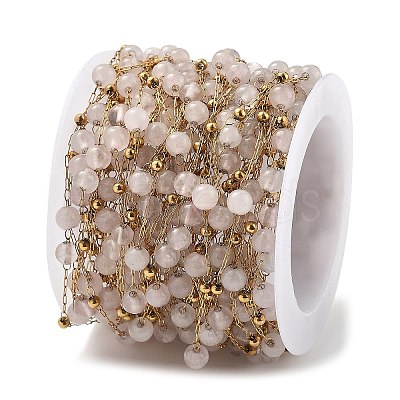 Natural Rose Quartz & 304 Stainless Steel Beads Link Chains CHS-K021-08A-06-1