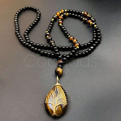 Natural Tiger Eye Copper Wire Wrapped Tree of Life Teardrop Pendant Black Round Beaded Necklaces for Men EF1555-1