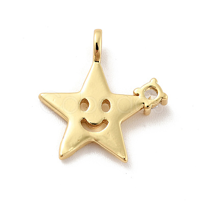 Star with Smiling Face Brass Micro Pave Clear Cubic Zirconia Pendants KK-G425-09G-1