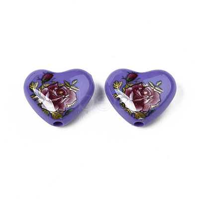 Flower Printed Opaque Acrylic Heart Beads SACR-S305-28-M03-1