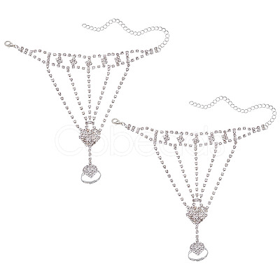 2Pcs Brass Rhinestone Chain Finger Rings Bracelet BJEW-ME0001-02-1