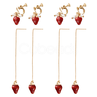 4Pairs 2 Styles Alloy Strawberry Clip-on Earrings & Chain Tassel Ear Thread EJEW-HY0001-10-1