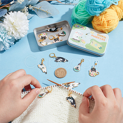 Cat Alloy Enamel Locking Stitch Markers & Needle Cap Set HJEW-NB00142-1