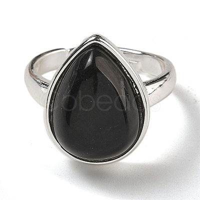 Natural Obsidian Teardrop Adjustable Rings RJEW-K371-08S-08-1