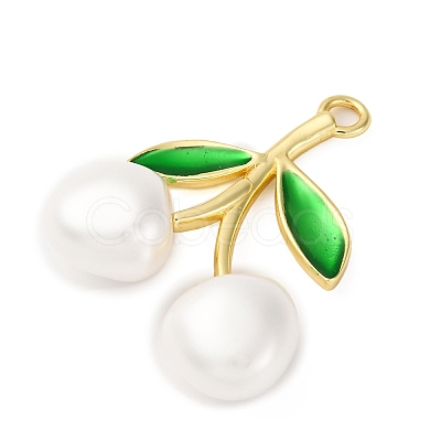 Brass Green Enamel & Plastic Cherry Pendants KK-I276-17G-1