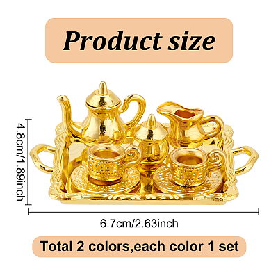 2 Sets 2 Colors Alloy Teacup & Saucer & Teapot Set AJEW-GO0001-72-1