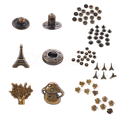 18 Sets Eiffel Tower & Tree & Mushroom Brass Leather Snap Buttons Fastener Kits SNAP-YW0001-07AB-1