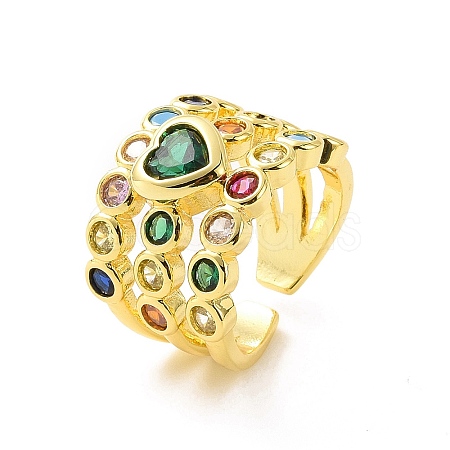 Colorful Cubic Zirconia Heart Open Cuff Ring RJEW-C061-03G-1
