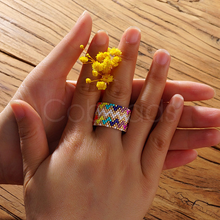 Adjustable Bohemian Style 304 Stainless Steel and Glass Seed Beads Cuff Rings FS-WG09053-20-1