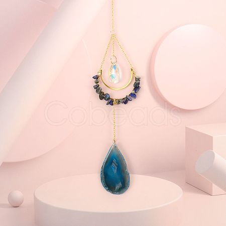 Natural Sodalite Chip Wrapped Moon Hanging Ornaments PW-WG89822-02-1