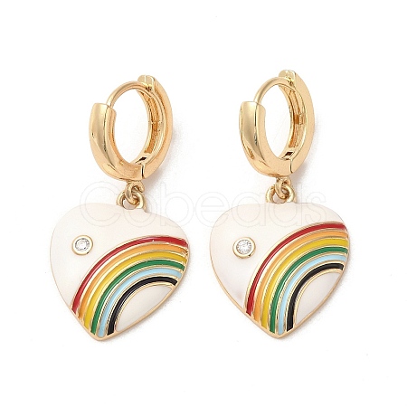 Heart with Rainbow Golden Brass Dangle Hoop Earrings EJEW-L268-042G-03-1
