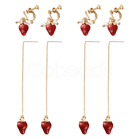 4Pairs 2 Styles Alloy Strawberry Clip-on Earrings & Chain Tassel Ear Thread EJEW-HY0001-10-1