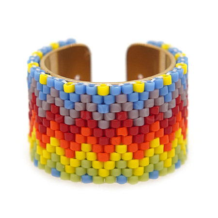 Adjustable Bohemian Style 304 Stainless Steel and Glass Seed Beads Cuff Rings FS-WG09053-14-1