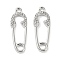 Alloy with Rhinestone Pendants, Cadmium Free & Lead Free, Paper Clip Charms, Platinum, 27x9.5x2mm, Hole: 1.8mm