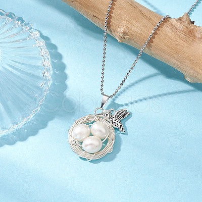 Natural Cultured Freshwater Pearl Copper Wire Wrapped Bird Egg Nest Pendant Necklaces NJEW-TA00190-1