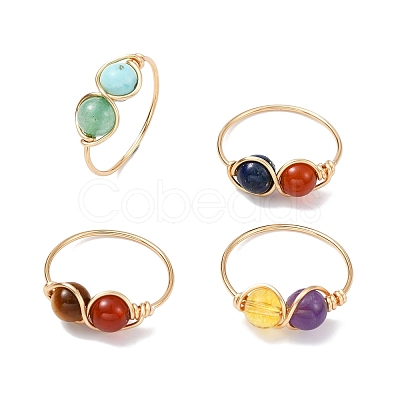 4Pcs 4 Style Natural & Synthetic Mixed Gemstone Round Beaded Finger Rings Set RJEW-TA00093-1